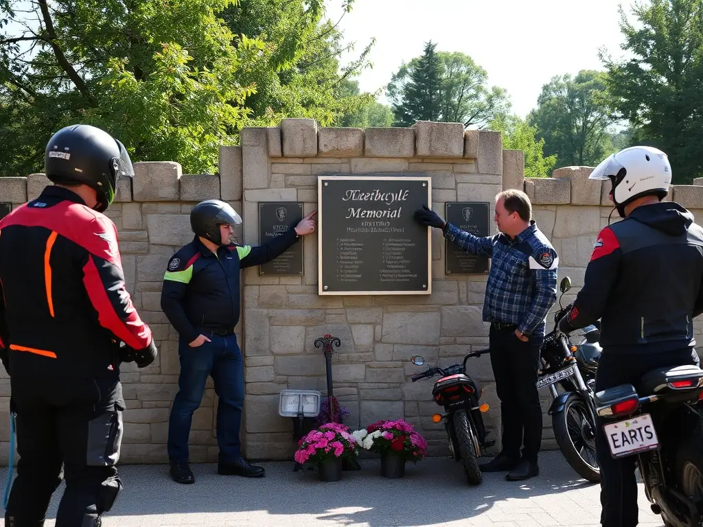A group of riders gathered around a memorial plaque, paying tribute during a community event.