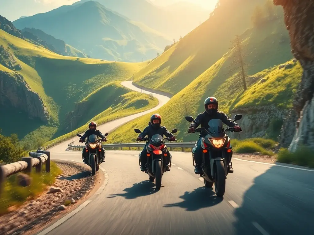 A group of motorcyclists riding together on a picturesque mountain road, with scenic landscapes in the background.