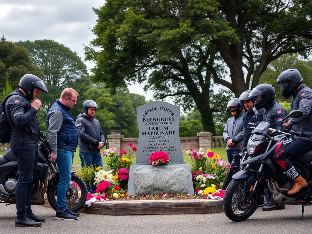 A solemn gathering of motorcyclists at a memorial site, paying tribute to fallen riders and celebrating the history of motorcycling, organized by TEAM BRAAP & CA SE LEVE.