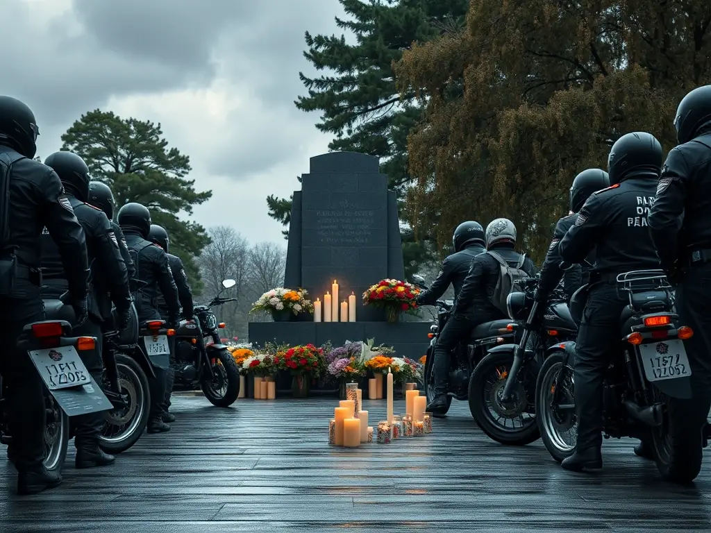 A solemn gathering of motorcycle riders around a memorial, paying tribute to fallen members and celebrating the history of motorcycling.