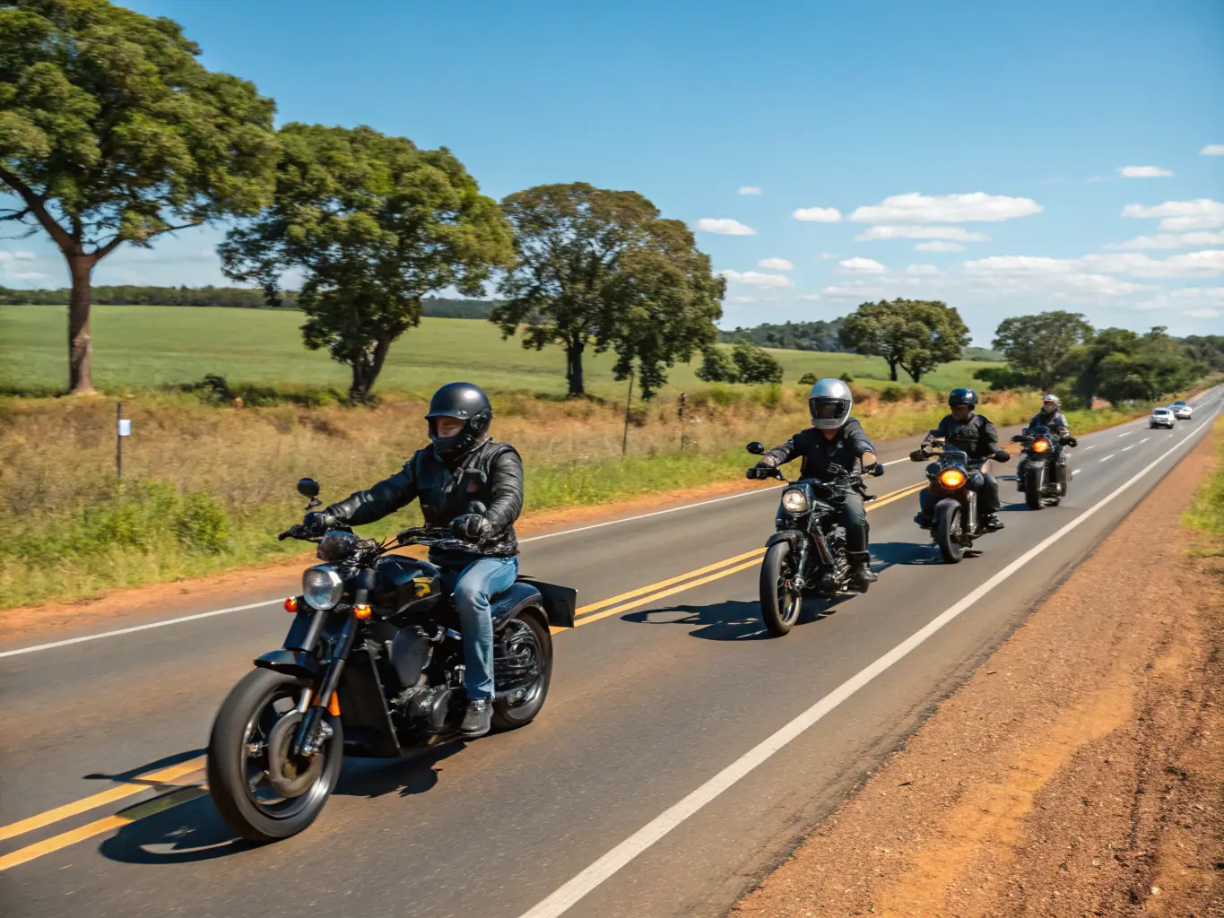 A group of motorcyclists riding through a winding mountain road, showcasing the scenic beauty and camaraderie of a guided motorcycle ride organized by TEAM BRAAP & CA SE LEVE.