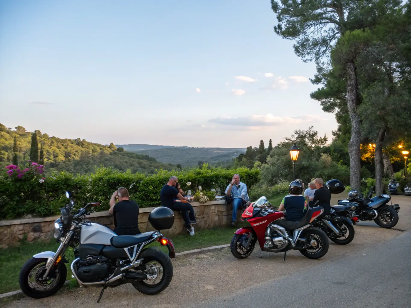 A group of motorcyclists preparing for a guided ride, checking their bikes and gear in a scenic outdoor setting, with a focus on safety and camaraderie.