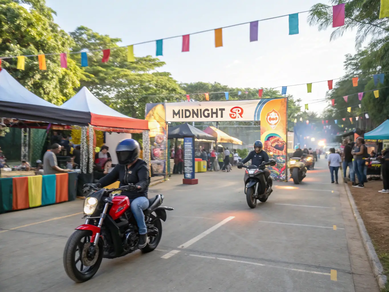 A vibrant scene from a motorcycle-themed cultural festival, featuring custom bikes, live music, and enthusiastic participants, showcasing TEAM BRAAP & CA SE LEVE's involvement in cultural events.